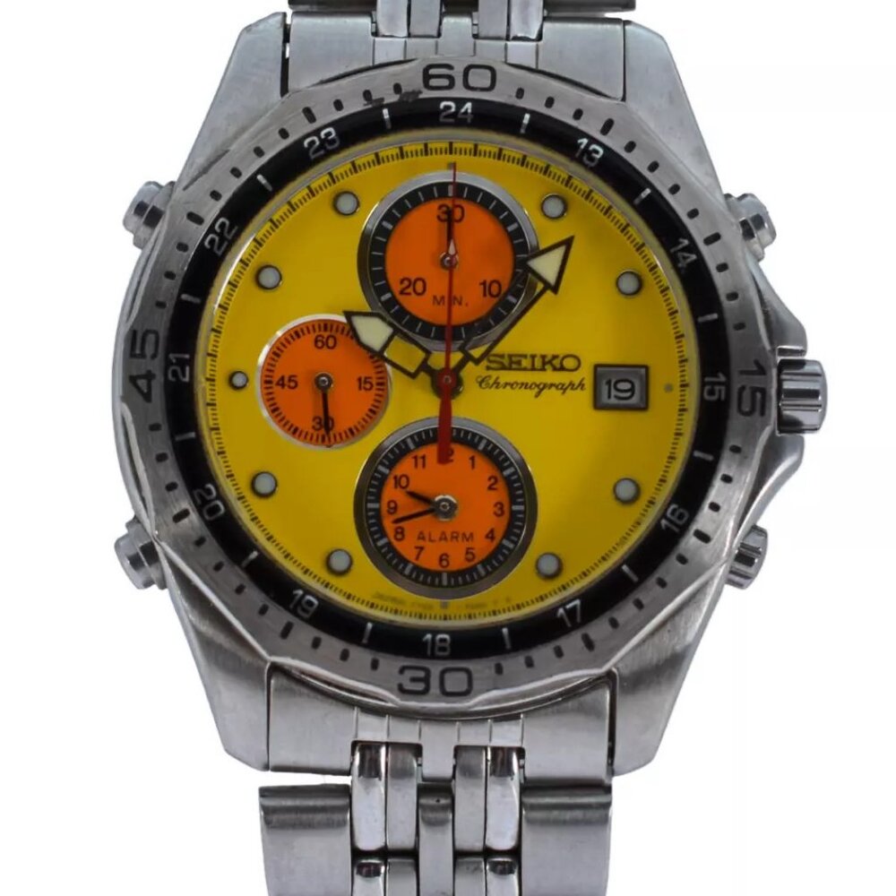 Rare Men's Seiko Chronograph Alarm 1998 Nagono Olympics Yellow Watch 7T32-7C70!